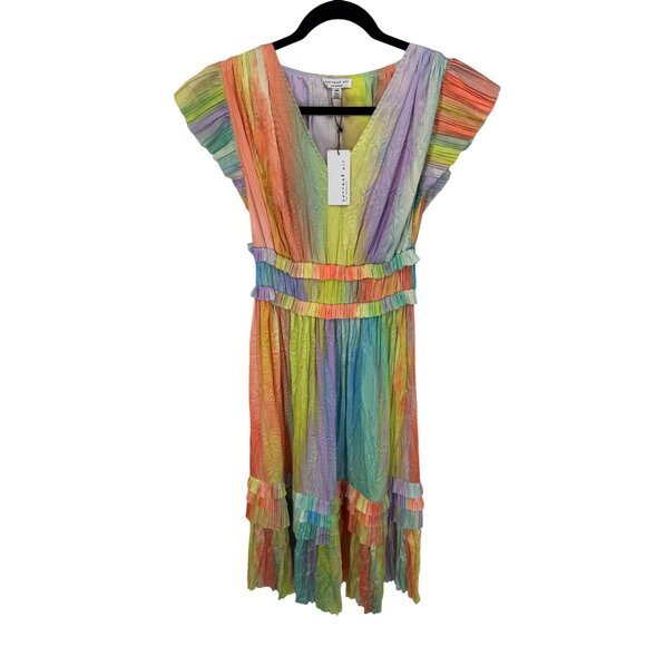 Current Air Sereia Rainbow Painterly Midi Dress Womens XXS Crinkle Polyester NEW - Picture 1 of 7